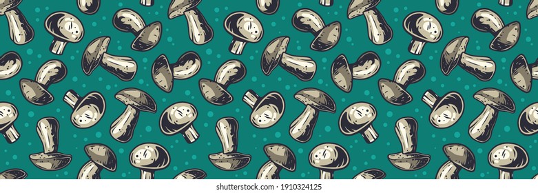 Farbige nahtlose Muster Tapete mit vegetarischem Champignon und Boletus Silhouette für den Urlaub. Herbstgrafik der Pilzauswahl für Naturdesign
