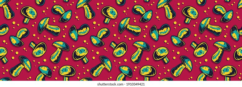 Colored seamless pattern wallpaper with vegetarian champignon and boletus silhouette for holiday. Autumn illustration of mushroom picking for nature design