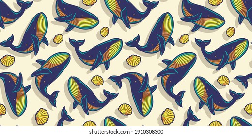 Colored seamless pattern wallpaper with whale. Underwater animals, wild ocean life for marine design