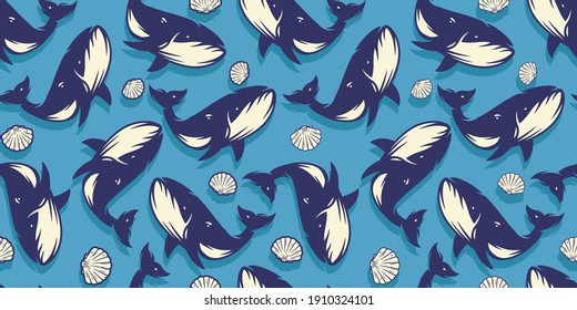 Colored seamless pattern wallpaper with whale. Underwater animals, wild ocean life for marine design