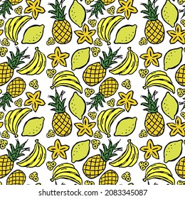 Colored seamless pattern with yellow fruit icons. vector food icons with banana, lemon, pineapple