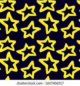 Colored Seamless pattern with yellow Simple Hand drawn doodle star. thick Black stroke, simple line. Vector illustration isolated on dark background. 