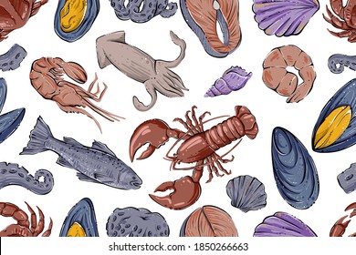 Colored seamless seafood pattern. hand drawn vector