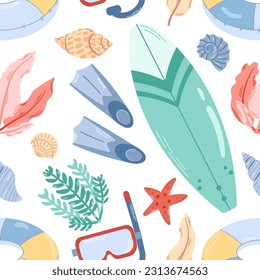 Colored seamless summer marine pattern. Nautical elements for swimming and outdoor activities. Diving, surfing. Ocean and sea elements isolated on white background. 