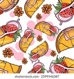 Colored seamless summer 
 pattern hand drawn summer sunglasses, , orange and strawberry