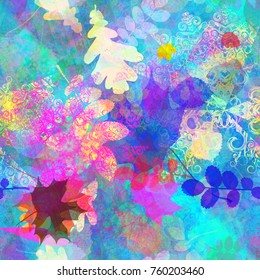 Colored seamless texture from leaves and decorative elements. Abstract vector background for web page, banners backdrop, fabric, home decor, wrapping