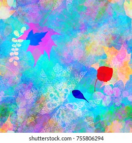 Colored seamless texture with leaves, stripes, decorative elements. Floral pattern. Abstract vector background for web page, banners backdrop, fabric, home decor, wrapping