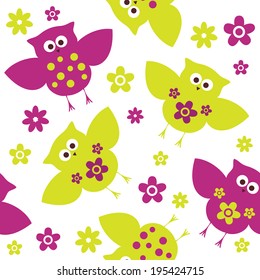 Colored seamless texture owl and flowers on a bright background