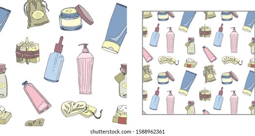 colored seamless tube pattern on the theme of natural self-care and aromatherapy in pink and blue