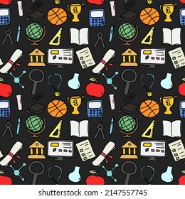Colored seamless vector pattern with education icons. Doodle vector with education and school icons on black background. Vintage education pattern
