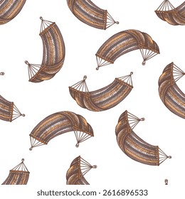 Colored seamless vector pattern featuring hand drawn sketch of a classic fabric hammock. Vintage  illustration. Perfect for summer, camping, garden decor, vacation, rest, and relaxation-themed 