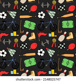 Colored seamless vector pattern with sports icons. Doodle vector with sport icons on black background. Vintage sport pattern