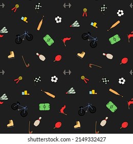 Colored seamless vector pattern with sports icons. Doodle vector with sport icons on black background. Vintage sport pattern