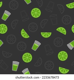 Colored seamless vector pattern of tequila shots with ltme. Pattern for wrapping, textile, design