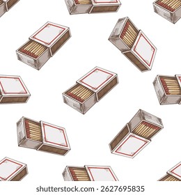 Colored seamless vector pattern with vintage hand drawn sketch of open matchbox. Perfect for packaging and retro design.