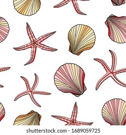 Colored seashells and starfishes seamless pattern. Hand drawn vector illustration of underwater shells and sea stars. Nautical beige and pink elements isolated on white background for cards, logo