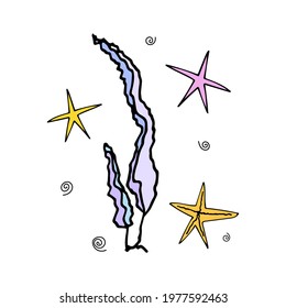 Colored seaweed with starfish and waves in doodle style. Hand drawn icon and symbol for printing on baby clothes, sticker, textiles.