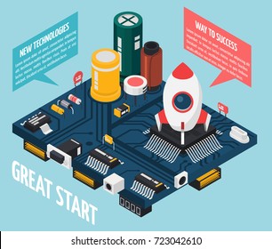 Colored semiconductor electronic components isometric rocket launch pad concept with great start way to success and new technologies descriptions vector illustration