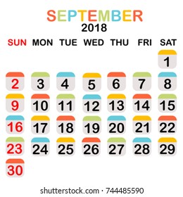 Colored September 2018 calendar with week starts from Sunday