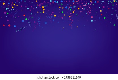 Colored Serpentine Shiny Vector Blue Background. Falling Ribbon Poster. Star Swirl Invitation. Bright Anniversary Illustration.