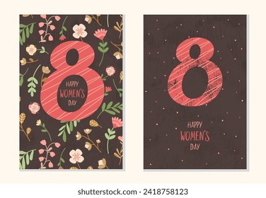 Colored set of 2 posters with text Happy Womens Day. Hand drawn flowers in flat style on dark background. Vector illustration.
