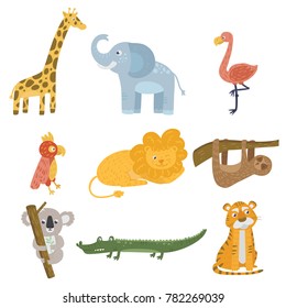 Colored set of animal and birds. Giraffe, elephant, flamingo, parrot, lion, sloth, koala bear, crocodile and tiger. Zoo and wildlife. Flat vector design for children book, sticker or postcard