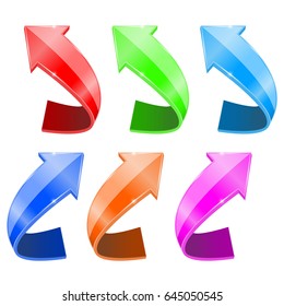 Colored set of arrows. Up moving curved icons. Vector 3d illustration isolated on white background