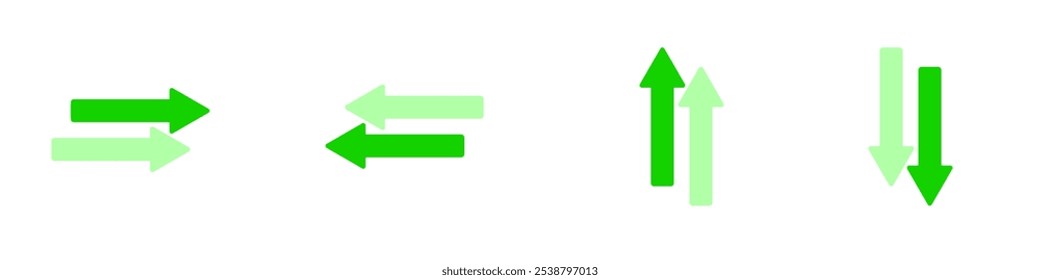 Colored set of arrows, vector icon. Green arrow. Green arrow with shadow. Green right, left, up and down arrow with shadow. Direction.