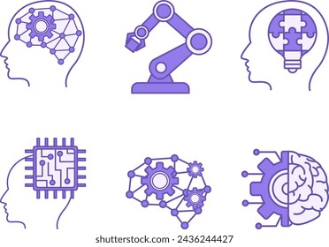 Colored Set of Artificial Intelligence Icons. Vector Icons Artificial Intelligence, Robotic, Problem Solving, Cybernetics, Deep Learning, and Machine Learning