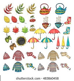 Colored set of autumn objects. Vector illustration