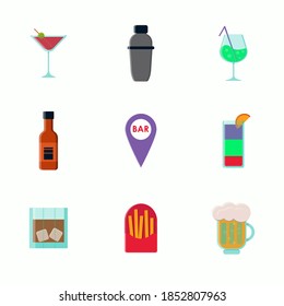 Colored set of bar icons. Contains icons such as cocktail, whiskey, shaker, fries, beer, bottle, geolocation