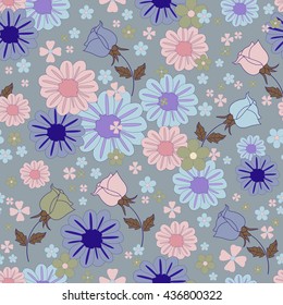 Colored set of bright flowers. Seamless vector pattern