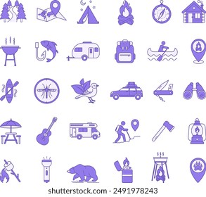 Colored Set of Camping Icons. Vector Icons Camp, Forest, Barbecue, Kayak, Road Travel, Caravan, Bonfire, Binoculars, Axe, Bear, Map and Other