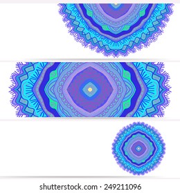 Colored set  cards of blue  arabesque  on a white  background with copy space. Hand drawn.