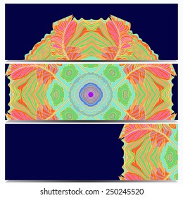 Colored set  cards of circular feathers pattern, copy space on a  dark blue  background. Hand drawn.