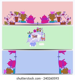 Colored set  cards of floral motif, colored branch, cats with copy space. Handmade.