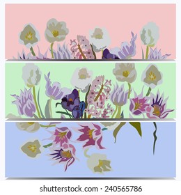 Colored set  cards of floral motif, colored tulips, crocuses, hyacinths, copy space. Hand drawn.