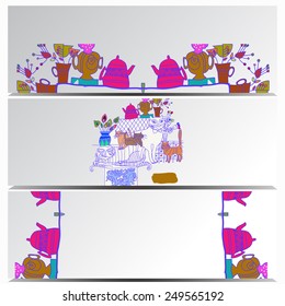 Colored set  cards of floral motif, colored branch, cats with copy space on a gradient gray  background. Hand drawn.