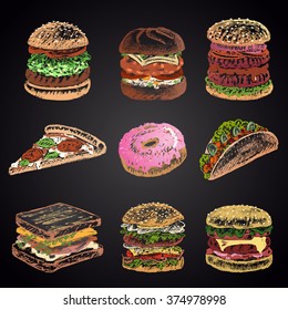 Colored Set Of Chalk Drawn 9 Different Fast Food Icons On Black Chalkboard: Donut, Pizza, Burgers, Tacos, Sandwich. Menu Theme.