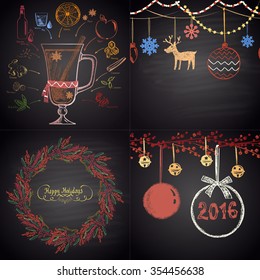 Colored set of chalk drawn Christmas illustrations (Christmas balls, mulled wine, wreath, garlands). Happy New 2016 Year Theme. Card design. 