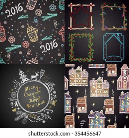 Colored set of chalk drawn Christmas illustrations (Christmas ball, seamless pattern with mittens, winter frames, seamless pattern with houses). Happy New 2016 Year Theme. Card design. 