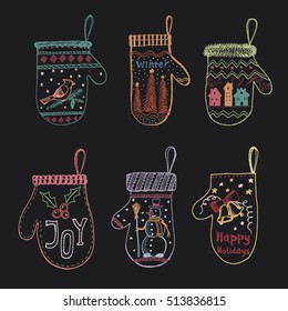  Colored set of chalk drawn mittens with New Year elements. Happy New 2017 Year. Merry Christmas. Holiday theme!