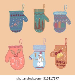 Colored set of chalk drawn mittens with New Year elements on light background. Happy New 2017 Year. Merry Christmas. Holiday theme!