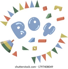 Colored set of children's stuff with constructor, teddy bear, flags for boys.Vector illustration for toys, presentations and goods. 