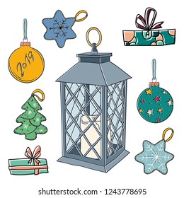 Colored Set of christmas elements with vintage lanterns. Isolated line icons, modern design.