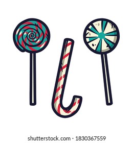 Colored set of christmas lollipops for the new year holiday. Winter illustration for december party design