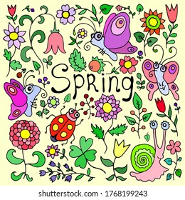colored set collection of vector flowers and butterfly with spring text