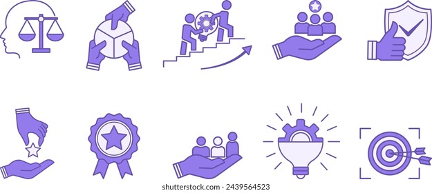 Colored Set of Core Values Icons. Vector Icons Commitment, Innovation, Customers, Teamwork, Honesty, Goals, Responsibility, Reliability, Quality, and Inclusion