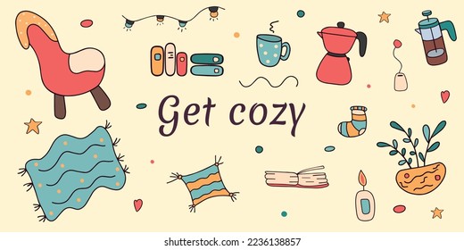 Colored set of cozy vector doodles. Cute autumn-winter and Christmas set of symbols of a warm and cozy home.