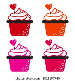 Colored set of cupcake with heart for Valentine's Day. Vector illustration